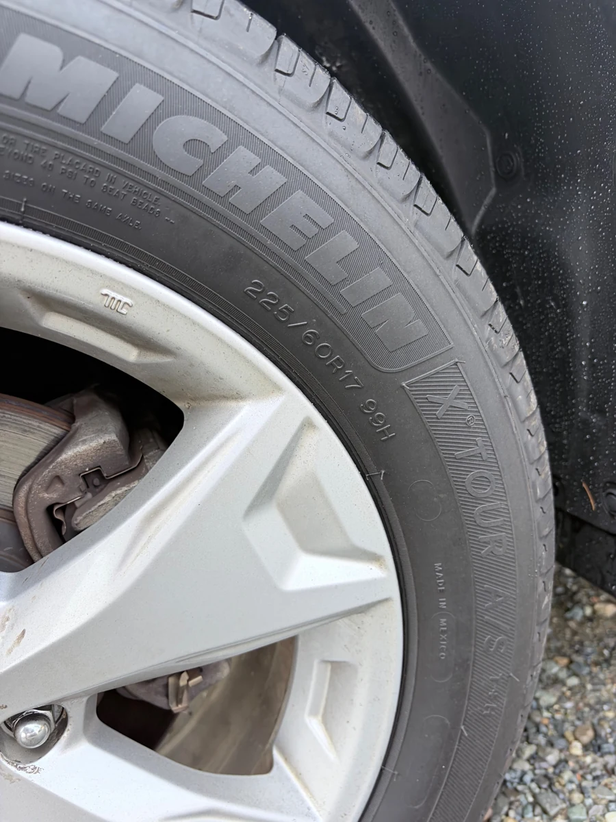 Michelin tire sidewall showing the 225/60R17 size marking