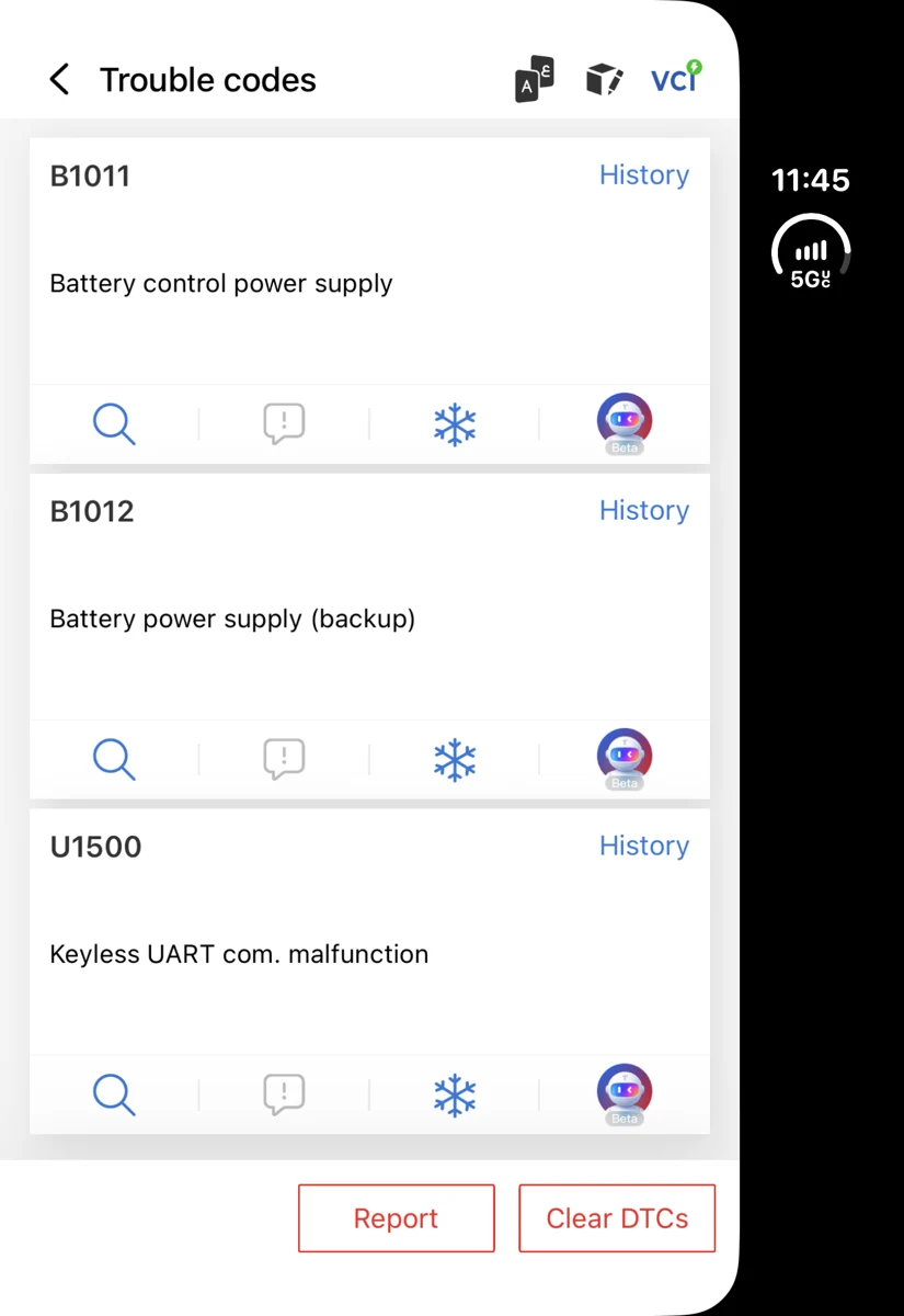 Scan screenshot showing B1011, B1012 and U1500, each marked History