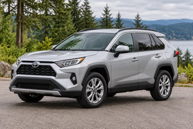 AI-generated Toyota RAV4 beside a Pacific Northwest lake and evergreen trees
